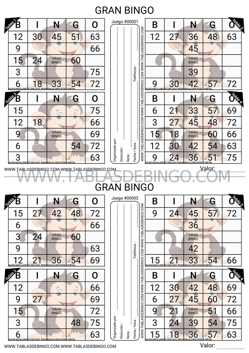 Bingo Tradicional - 4 tabla x juego - 2 juegos x hoja