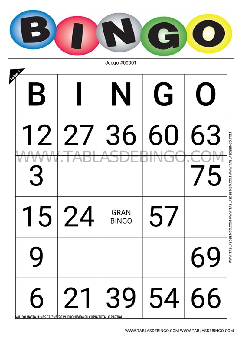 Bingo Tradicional - 1 tabla (tablón)