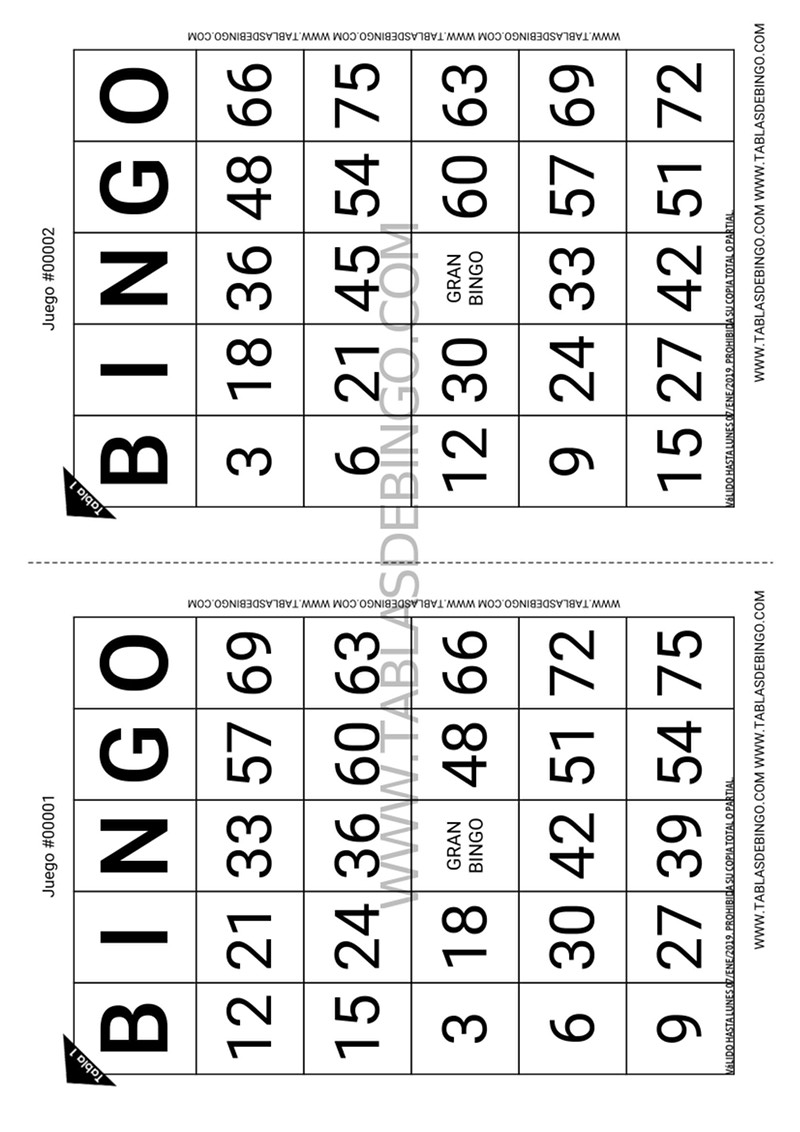 Bingo Tradicional - 1 tabla x juego - 2 juegos x hoja