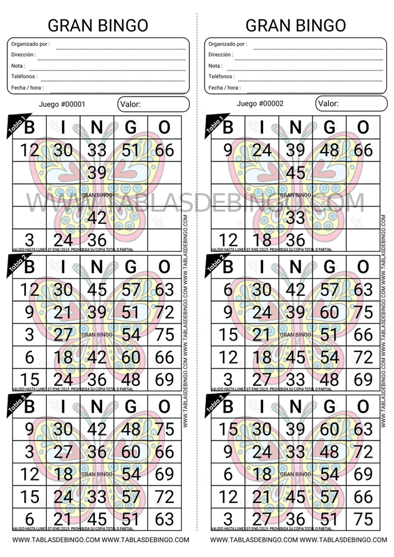 Bingo Tradicional - 3 tabla x juego - 2 juegos x hoja